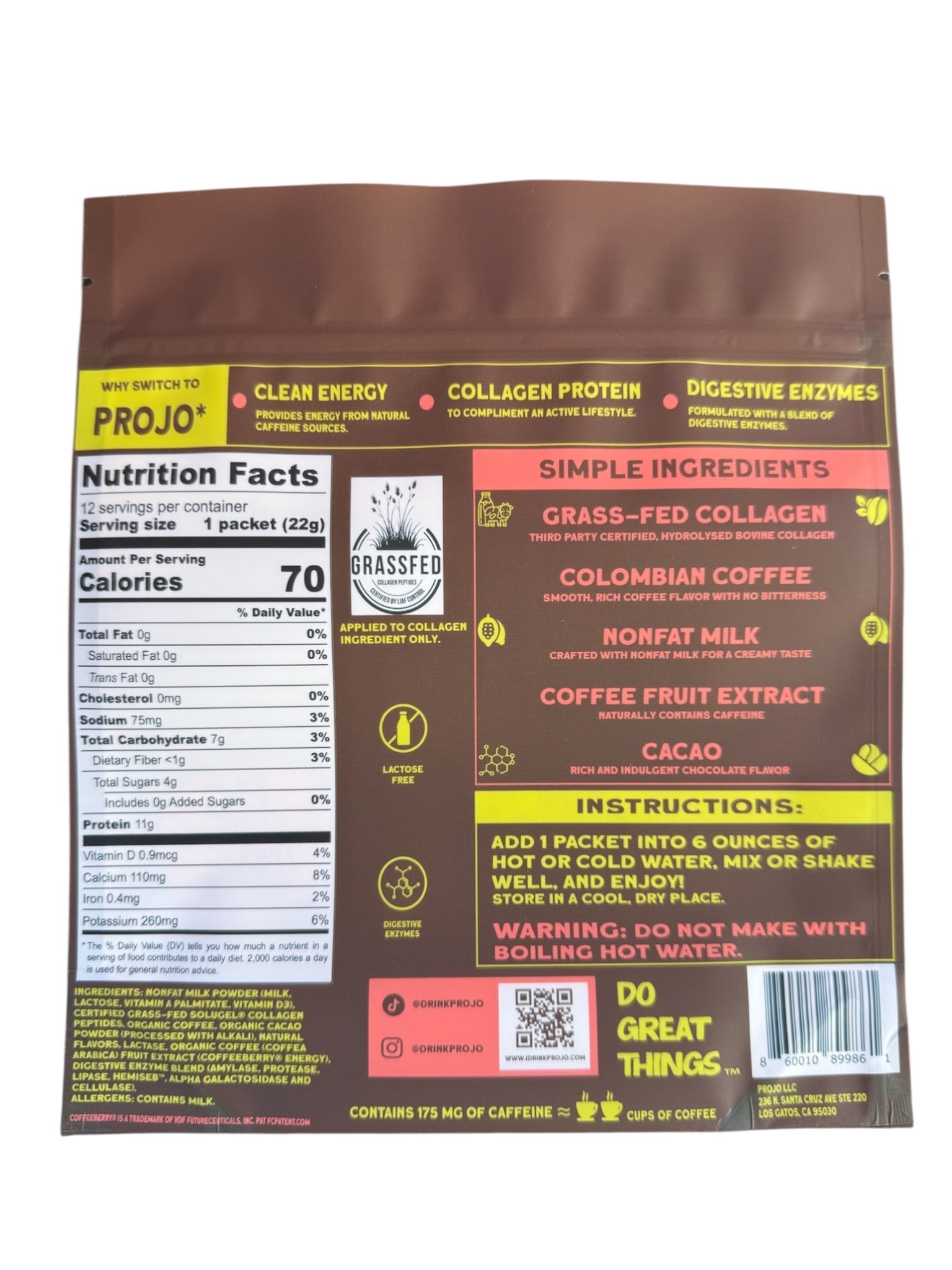 Projo* Power Coffee – Mocha Latte Flavor – 12 Single-Serve Packets