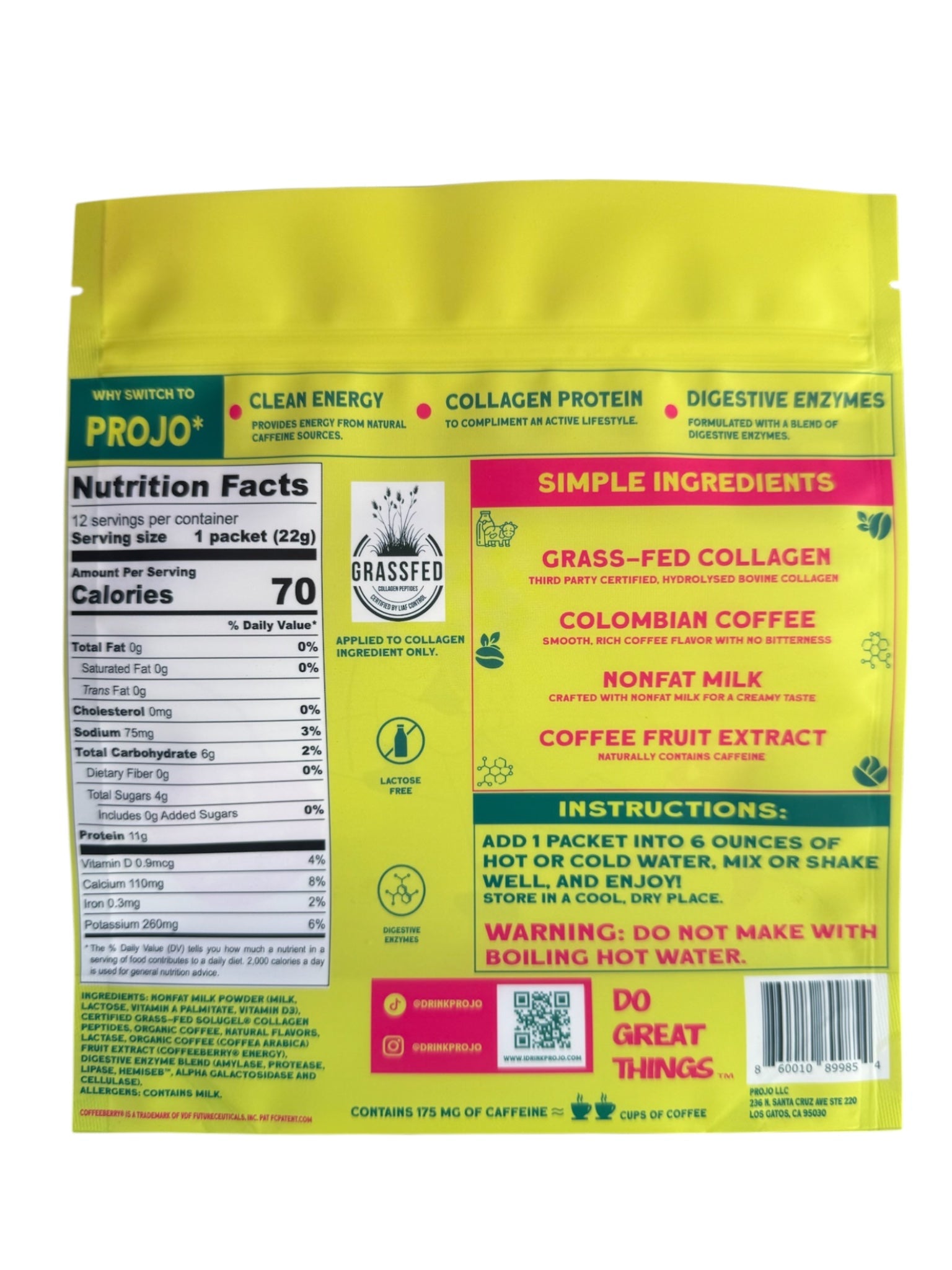 Projo* Power Coffee – Vanilla Latte Flavor – 12 Single-Serve Packets